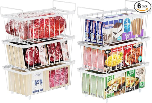 iSPECLE Chest Freezer Organizer Bins - Fits 7 Cu.Ft Deep Freezer, 6 Pack Stackable Wire Baskets(14.7" Length), Heavy Duty Coated Freezer Organizer, Rust Resistant for Frozen Food Sorting, White