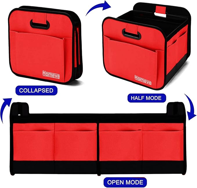 Homeve Trunk Organizer, Car Storage, Reinforced Handles, Collapsible Multi-Compartment, Foldable, Waterproof, Sturdy, 600D Oxford Polyester For Car, SUV, Mini-Van, Red, 2 Compart | Collapsible