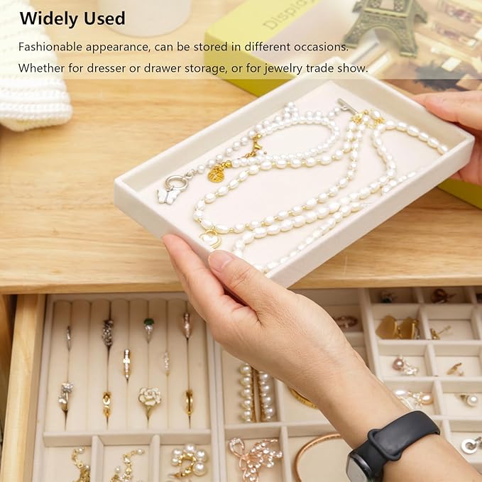 Velvet Jewelry Organizer for Drawer, Stackable Jewelry Drawer Inserts in Dresser, 8in Beige Storage Display Case for Rings Stud Necklaces Accessories, Set of 4