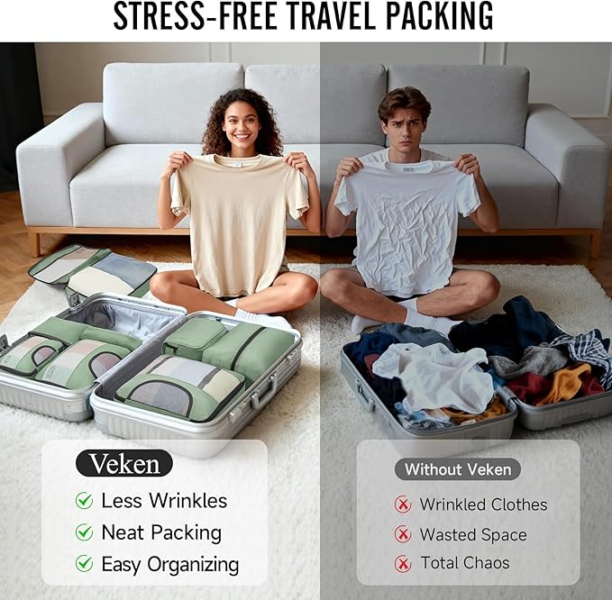 Veken 8 Set Packing Cubes for Travel Essentials, Suitcase Organizer Bags in 4 Sizes, Carry-On Luggage Accessories with Large Laundry & Shoes Bag, Must-Have for Airplane, Road Trip & Camping