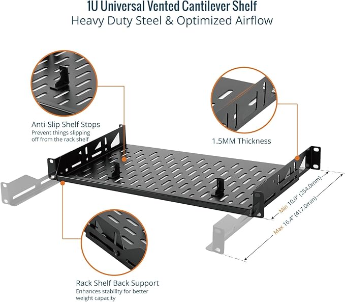Tecmojo Server Rack Shelf, 1U Rack Shelf 10in Depth, Rack Mount Shelf with Anti-Slip Stops, 110lbs Weight Capacity of Vented Network Rack Shelf for Data/AV/IT/Audio Racks, with Lip(2 Pack), Black