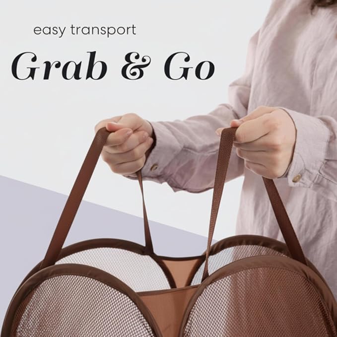 Handy Laundry Collapsible Mesh Pop Up Laundry Hamper with Side Pocket, Breathable & Space-Saving Foldable Basket for Clothes, Toys, Travel, Storage, 14 x 13 x 24 in, Brown