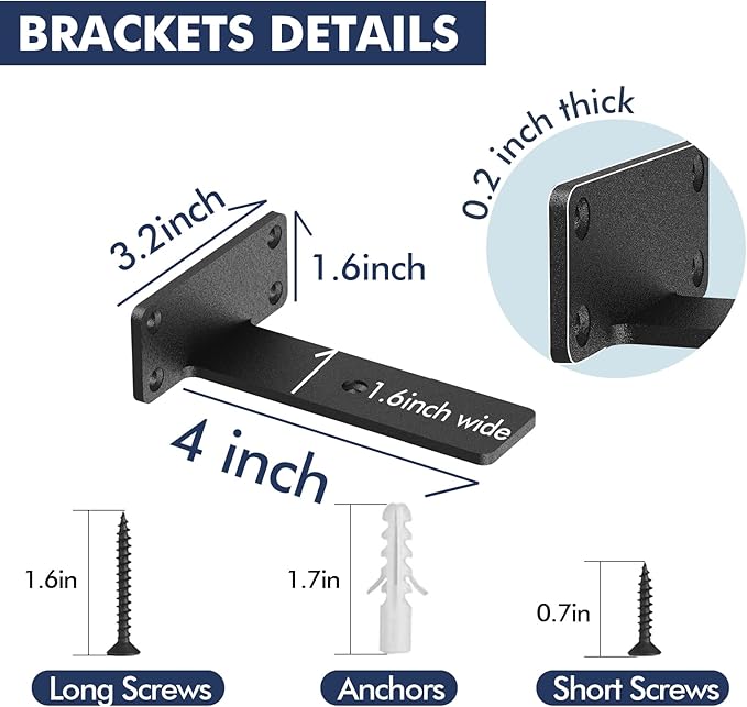 Starunder 4 Pack Floating Shelf Brackets, 4 Inch Heavy Duty Industrial Shelf Bracket, Black Metal L Brackets for Shelves Support DIY(1/5 Inch Thicked)