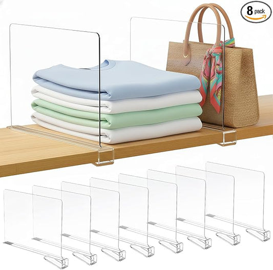Ninonly 8 Pack Acrylic Shelf Dividers, 12 Inch Vertical Clear Closet Organizers and Storage for Sweaters, Shirts, Handbags, Bookshelf Pantry Organization, Multi-Purpose Shelf Organizer for Bedroom