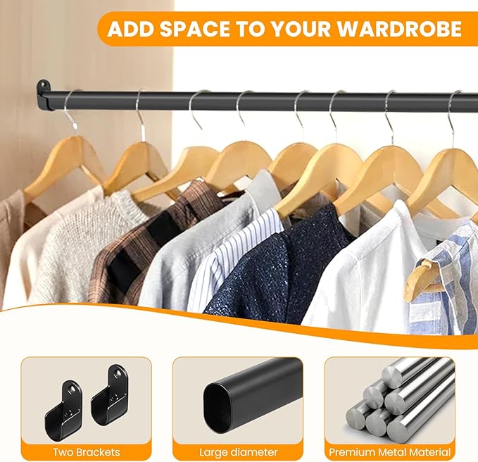 Oval Closet Rod for Hanging Clothes Adjustable Closet Rods 18 to 40 Inch Heavy Duty Black Poles Bar Closet Rod Expandable for Wardrobes Laundry RV
