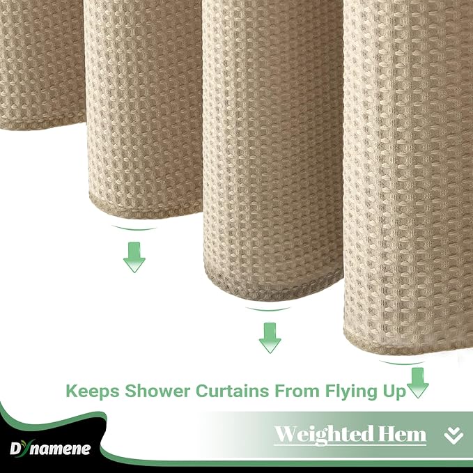 Dynamene Extra Long Shower Curtain, 84 Inch Long Waffle Fabric Shower Curtain for Bathroom, Tall Waterproof Cloth Shower Curtain Liner Set with Hook, Snap in Liner, Mesh Top Window, Beige, 72x84