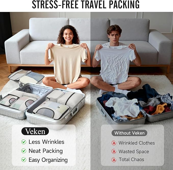 Veken 8 Set Packing Cubes for Travel Essentials, Suitcase Organizer Bags in 4 Sizes, Carry-On Luggage Accessories with Large Laundry & Shoes Bag, Must-Have for Airplane, Road Trip & Camping