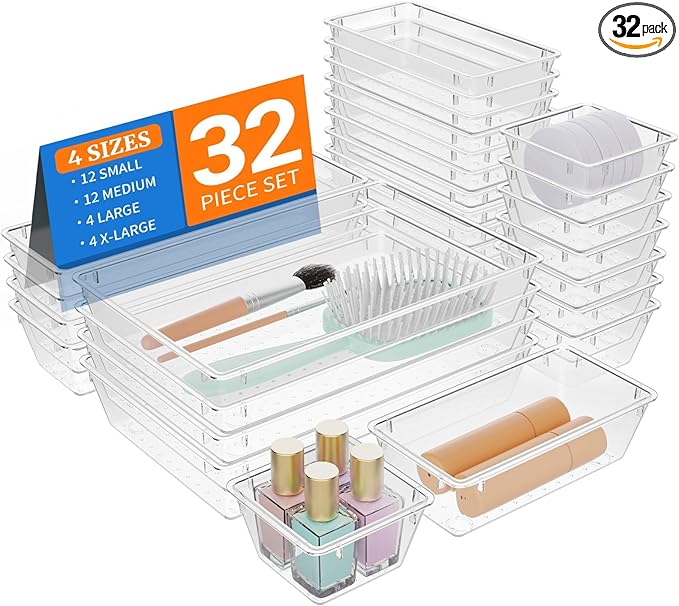 StorMiracle 32 PCS Clear Plastic Drawer Organizer Set, 4-Size vanity organizer Trays and Storage Bins for Makeup, Jewelry and Gadgets in Bedroom, Bathroom and Office, Clear