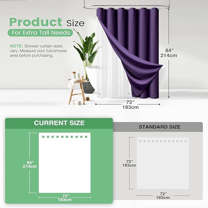Dynamene Extra Long Shower Curtain and Liner Set - 84 inch Tall Waffle Fabric, Waterproof Clear Liner, Heavy Duty Weighted Hotel Luxury Cloth Shower Curtains for Bathroom with 12 Hooks, 72x84, Purple