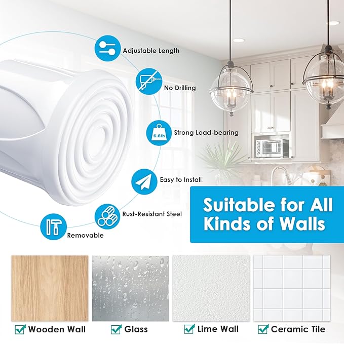 White Tension Curtain Rod 16.5-28 inch Spring Tension Rod Curtain Rod Adjustable Spring Rod Extendable Tension Rod for Kitchen, Bathroom, Window, Closet.