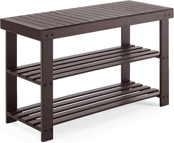 Sweetcrispy 3-Tier Shoe Rack Bench, Bamboo Entryway Storage Organizer, Shoes Stand for FrontDoor Entrance, Bedroom, Living Room, 286lb Capacity, 11.3 x 27.6 x 17.8 Inches, Chestnut