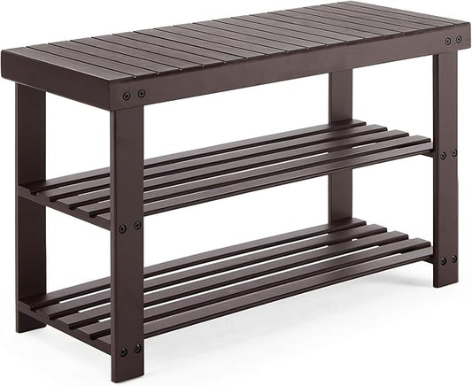 Sweetcrispy 3-Tier Shoe Rack Bench, Bamboo Entryway Storage Organizer, Shoes Stand for FrontDoor Entrance, Bedroom, Living Room, 286lb Capacity, 11.3 x 27.6 x 17.8 Inches, Chestnut