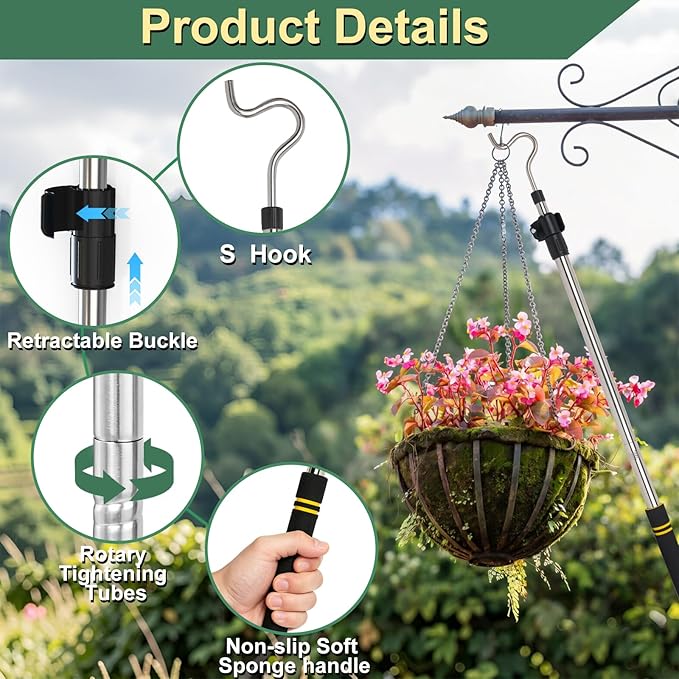 Heavy Duty Closet Hanger Reaching Pole,36" to 65" Clothes Hook Pole Telescoping Pole S Hooks for Plant Stainless Steel Pipe Sturdiness Lightweight Non-Slip Soft Sponge Handle Rod