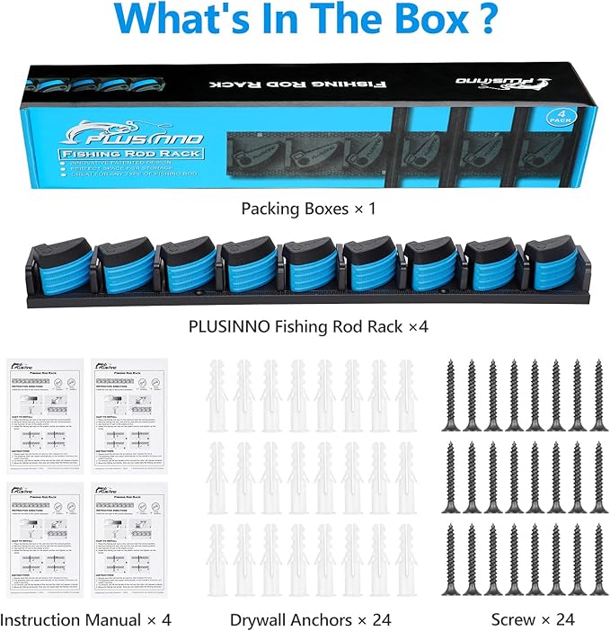 PLUSINNO 4 Pack Vertical Fishing Rod Rack, Wall Mounted Fishing Rod holder, 4 Packs Fishing Pole Holders Hold Up to 36 Rods or Combos, Fishing rod holders for garage, Fishing Gear and Gifts for Men