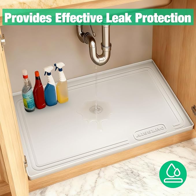 Aisslro Under Sink Mat 22" X 19", Waterproof Silicone Cabinet Protector with Raised Edge, Kitchen & Bathroom Leak Tray, Shelf Liner & Pet Feeding Mat for Dog Cat Food Mats, Beige