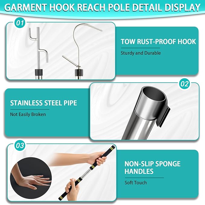 Clothes Hook Pole Heavy Duty,32 to 80In Retail Clothing Hook Pole Long Handle with 2 Hooks Hanging Birdfeeder Frosted Tube Extension Pole to Reach High Hangers for Turck (Black Handle)