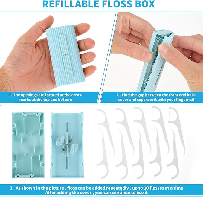 WLLHYF Portable Dental Floss Case Automatic Dental Floss Pick Organizer Case Travel Flosser Dispenser Storage Case Refillable Holder Boxes with 10 Floss Picks for Teeth Cleaning (Blue)