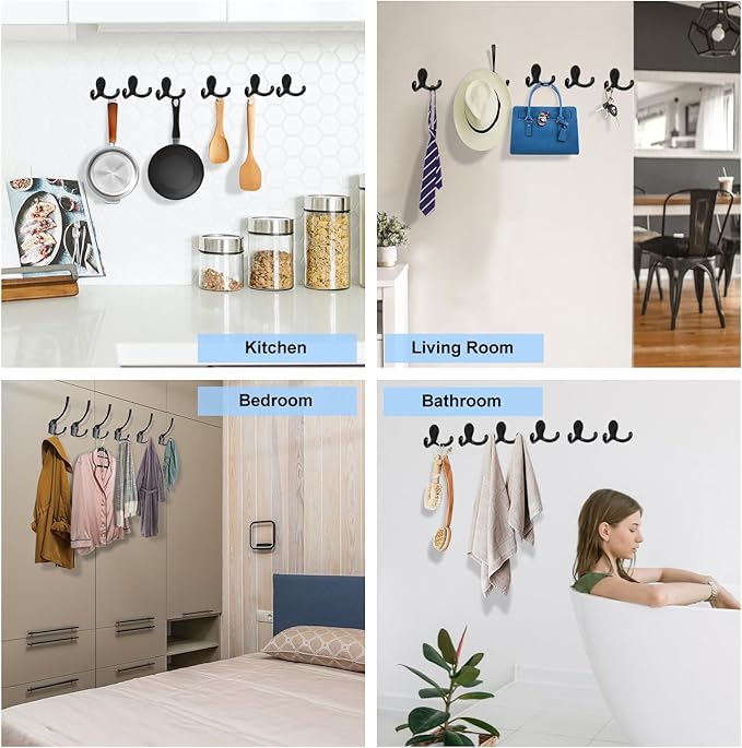 Kruodop 8 Pack Wall Hooks Wall Mounted Coat Hooks for Hanging Heavy Duty, Black Towel Hooks, Metal Double Coat Hanger with Screws Cup Retro for Coats, Handbags, Towels, Hat