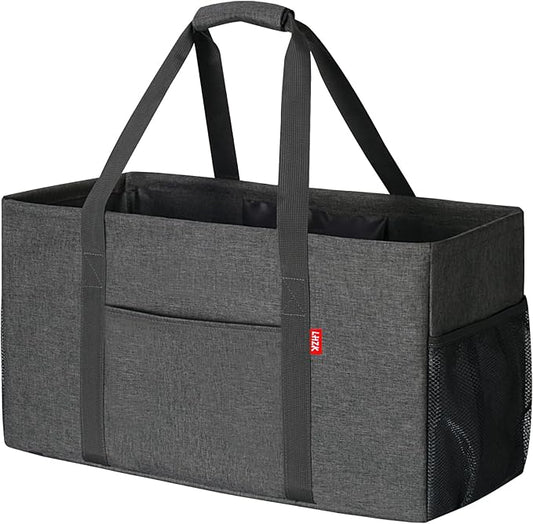 LHZK Standing Extra Large Utility Tote Bag with Metal Wire Frame and the Sides Rinforced, Extra Large Tote Bag with Handle, Reusable Grocery Bags Foldable, Beach Bag, Car Tote (Grey) | Metal Wire Frame