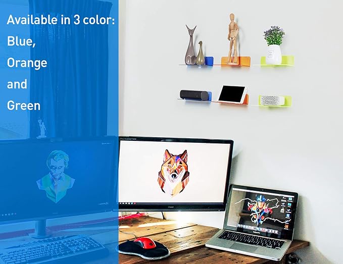 OAPRIRE Small Floating Wall Shelves Set of 2 - Personalize&Easily Expand Wall Space - 9 Inch Acrylic Wall Shelf for Bedroom, Gaming Room, Living Room, Bathroom, Office, with Cable Clips - Clear Blue
