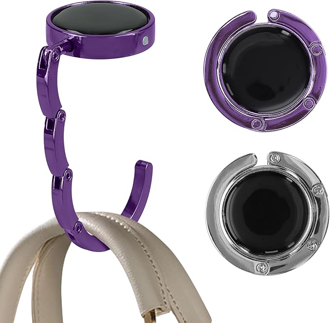 kwmobile Purse Hook for Table - Set of 2 Purse Holder - Folding Handbag Hanger - Portable Bag Holder - Bag Hooks for Desk - Table Hook Silver/Magenta Purple