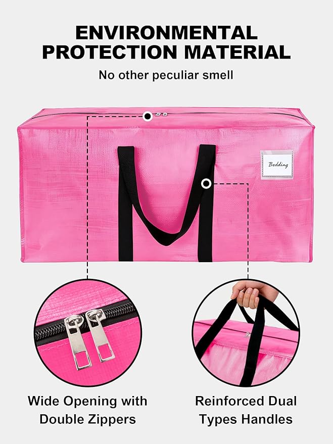 HOMESURE Supports 200lbs Heavy Duty Moving Bags - Strong Zipper & Wrap-Around Handles - Water-Resistant Storage Totes, Durable Alternative to Moving Boxes - 8 Pack - Pink