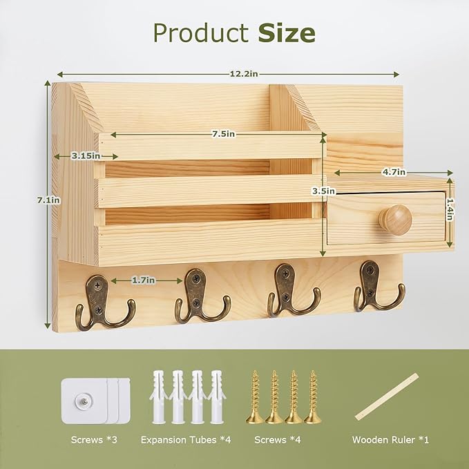 Key Holder Wall Mount, Wooden Adhesive Mail and Key Organizer with Drawer, Small Shelf, 8 Hooks, 2 Installation Methods, Natural