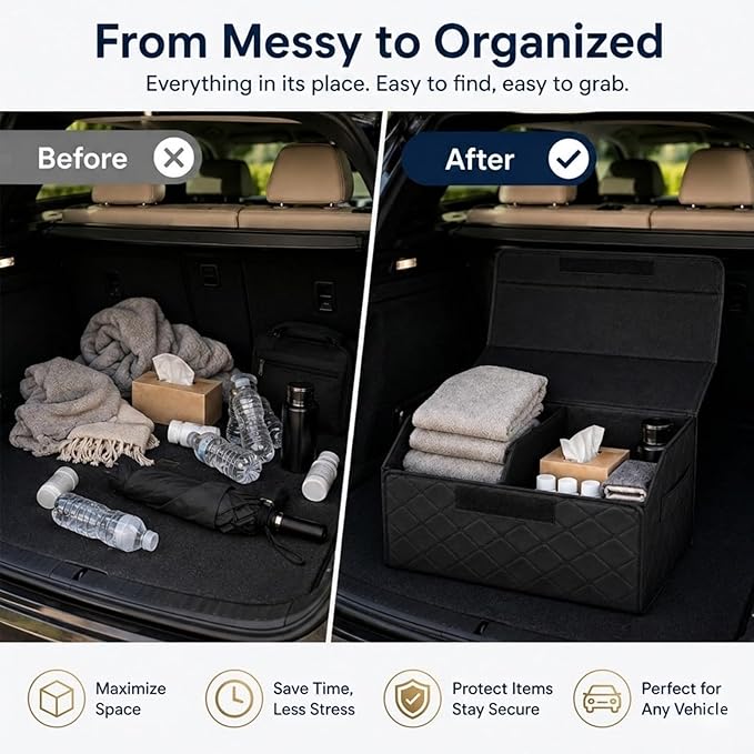 1Pack Leather Trunk Organizer for SUV & Sedans - Extra Large Foldable Car Storage Box with Lid, Adjustable Removable Dividers and Carry Handle, Collapsible Auto Cargo Organizer Black (1)