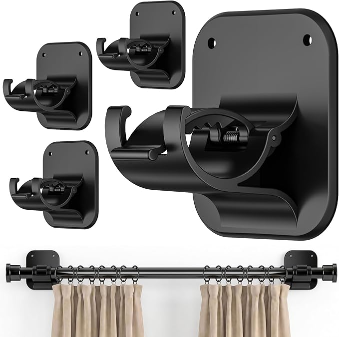 No Drill Curtain Rod Brackets - 20LB, 4 Pack Self Adhesive Curtain Rod Holder, Peel and Stick Wall Hooks, Renter Friendly Upgrades for Apartment, Kitchen, Bathroom, Dorm, Living Room and RV