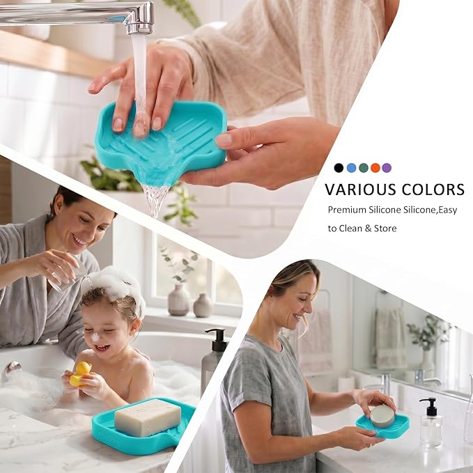 MicoYang Silicone Soap Dish with Drain Spout, Self-Draining Sink Organizer Tray for Bathroom and Kitchen, Sponges, Dispensers and Soap Holder, Non-Slip and Dishwasher Safe, Mint (Compact, 4.9"×3.2")