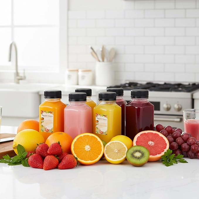 TOMNK 6pcs 8oz Plastic Juice Bottles with Caps Empty Reusable Clear Bottles with Label, Funnel and Brush Beverage Containers Bulk with Lids for Juicing, Smoothies, Fridge