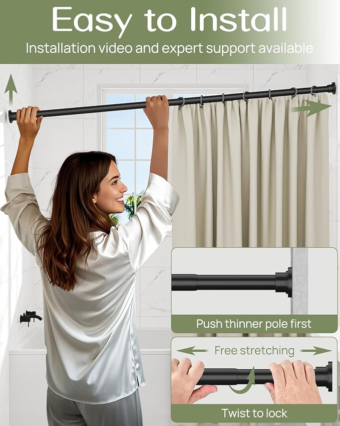 ALLZONE Shower Curtain Rod Spring Tension,28-42 Inch Heavy Duty Tension Rod No Drilling, Anti-Slip Shower Rod Tension,Adjustable Tension Curtain Rod for Window/Bathroom/Closet,Black