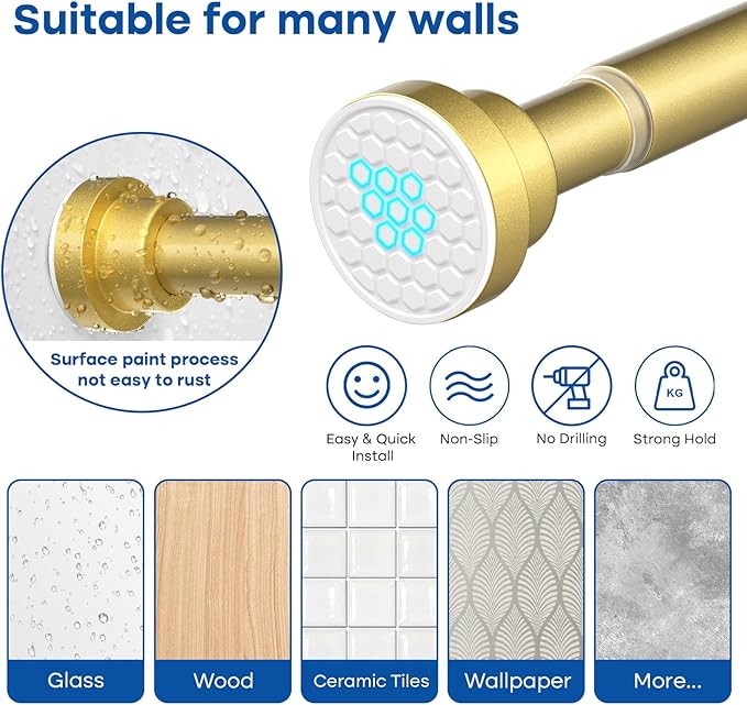 Tension Curtain Rod 30-64 Inch Gold Adjustable Curtain Rods No Drilling Expandable Pressure Spring Tension Curtain Rod 7/8" Spring Loaded Curtain Rods For Windows Bedroom Closet Doorway Door