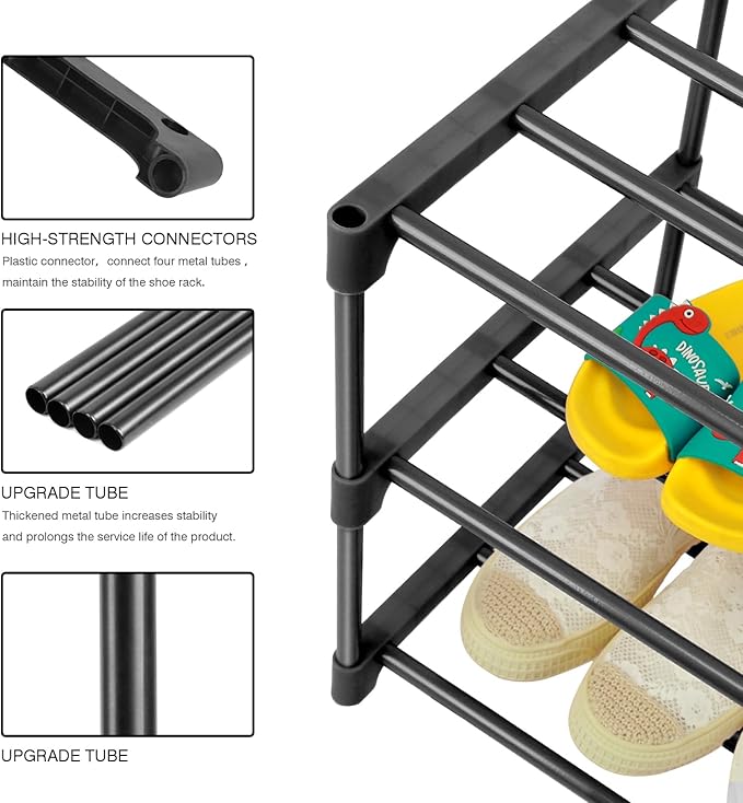 3-Tier Small Shoe Racks, Narrow Shoe Rack for 5-6 Pairs Shoe Storage,Kids Shoe Racks for Small Place,Lightweight Stackable Shoe Shelf Organizer for Closet,Black