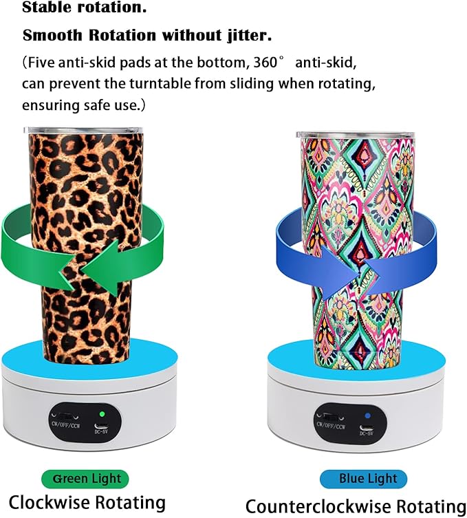 YVV Turner Cup Rotating Display Stand for Epoxy Glitter Tumbler, 360 Degree Automatic Mute Rotating Turntable for Photography Products and Shows. Bling Bling Tumbler Making Supplies Spinner White USB