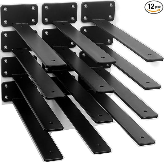 12 Pack - 12 inch Black Hidden L Shelf Bracket (1/5 Inch Thicked) Iron Floating Shelf Brackets Rustic Industrial Metal Brackets for Shelf Support