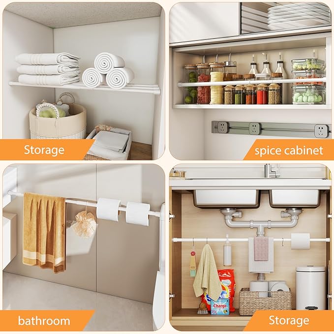 Tension Curtain Rod 18-39 Inch with 2 Brackets Adjustable Spring Loaded Curtain Rods No Drilling Extendable White Tension Rod for Window Door Closet Bookshelf Kitchen Bathroom
