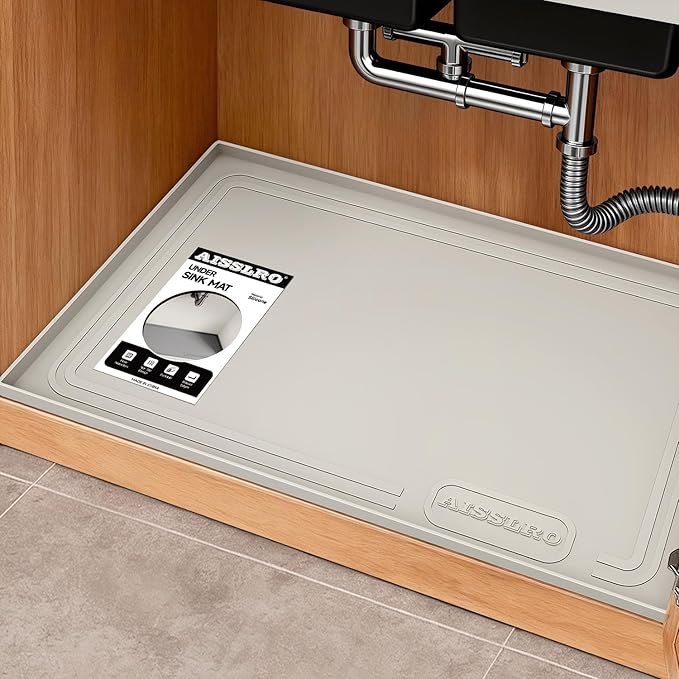 Aisslro Under Sink Mat 22" X 19", Waterproof Silicone Cabinet Protector with Raised Edge, Kitchen & Bathroom Leak Tray, Shelf Liner & Pet Feeding Mat for Dog Cat Food Mats, Beige
