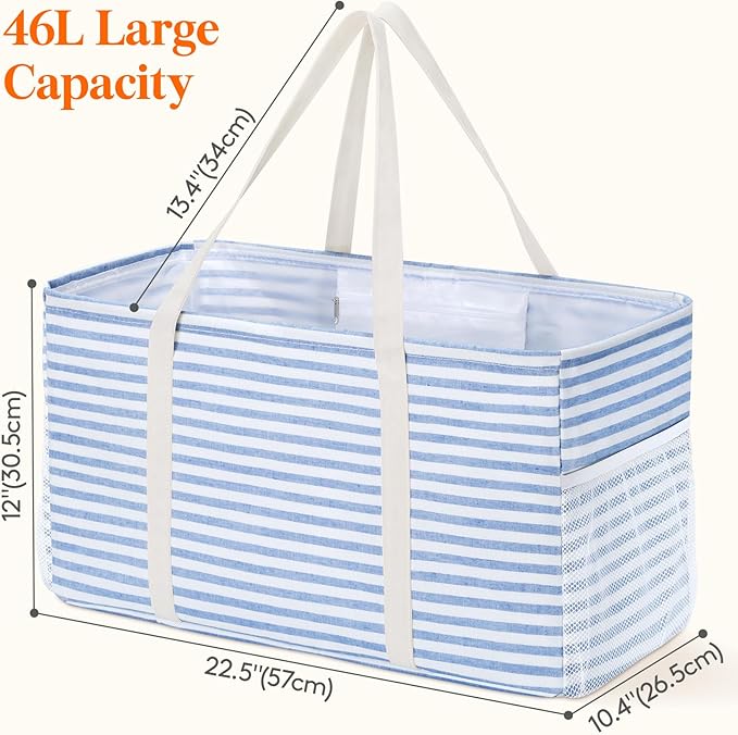 Lifewit Extra Large Tote Bag, Reusable Grocery Bags with Metal Wire Frame and Handles, Standing Utility Foldable Shopping Bags for Storage, Picnics, Beach, Laundry, Car, 46L, 1 Pack, Blue