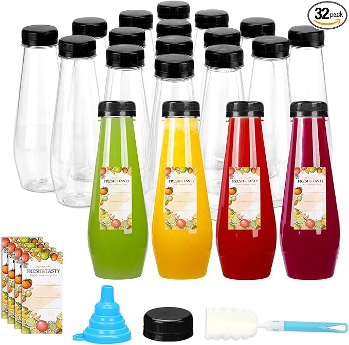 TOMNK 32pcs 12oz Juice Bottles, Empty Plastic Juicing Bottles with Caps, Cone Reusable Clear Bulk Beverage Containers for Juicing, Drinking, Milkshake, Tea and Other Beverages