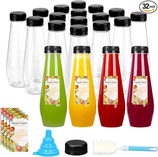TOMNK 32pcs 12oz Juice Bottles, Empty Plastic Juicing Bottles with Caps, Cone Reusable Clear Bulk Beverage Containers for Juicing, Drinking, Milkshake, Tea and Other Beverages