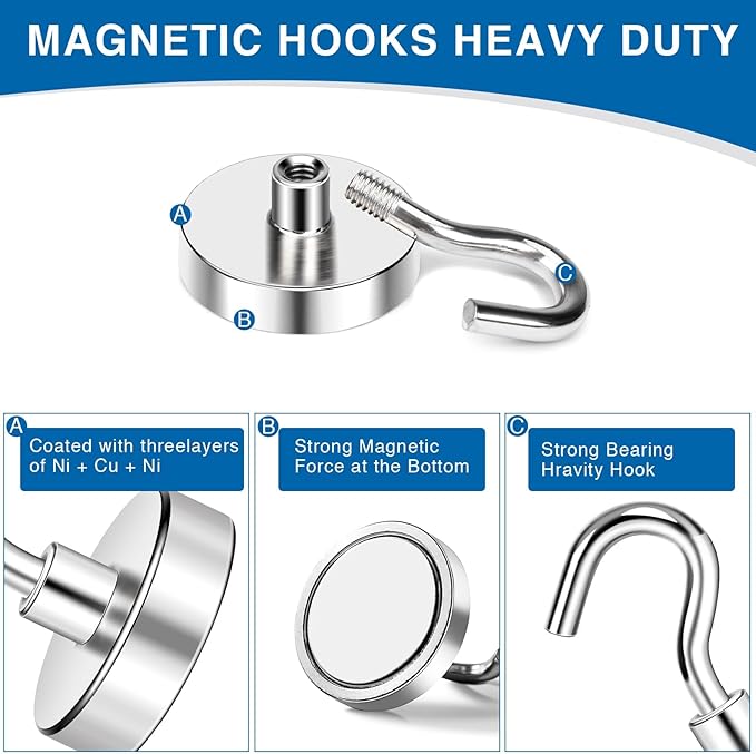 LOVIMAG Magnetic Hooks for Cruise Cabins, 130lbs Magnetic Hooks for Classroom Must Haves, Strong Magnets with Hooks for Ceiling Hanging, Neodymium Magnet Hooks for Fridge, Grill, Locker -12 Pcs
