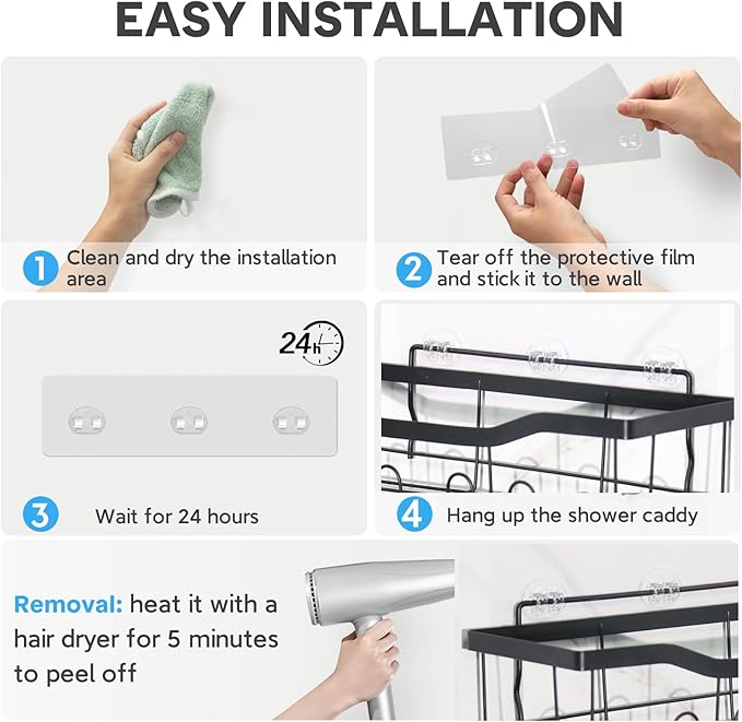 10 Pack Shower Caddy Adhesive Replacement, Strong Adhesive Hooks for Shower Caddy, Waterproof Adhesive Strips, No Drilling, for Bathroom Storage Shelves and Kitchen Racks