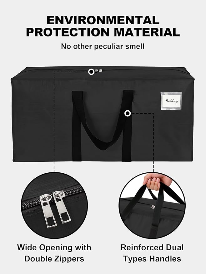 HOMESURE Supports 200lbs Heavy Duty Moving Bags - Strong Zipper & Wrap-Around Handles - Water-Resistant Storage Totes, Durable Alternative to Moving Boxes - 12 Pack - Black