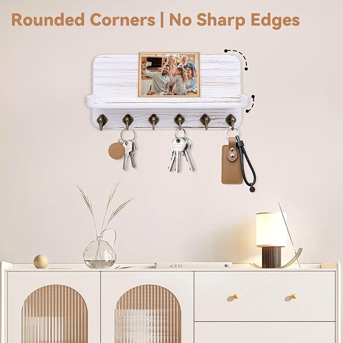 Key Holder for Wall, Mail Organizer Wall Mount with 6 Hooks Wooden Hanging Key Rack for Home Decor, Hallway, Entryway (Vintage White)
