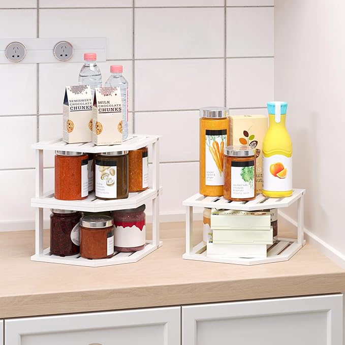 Bamboo Corner Shelf(3 Pack),2 Tier Plate Organizer for Cabinet and Countertop,Pantry Dish and Spice Rack for Kitchen(White)