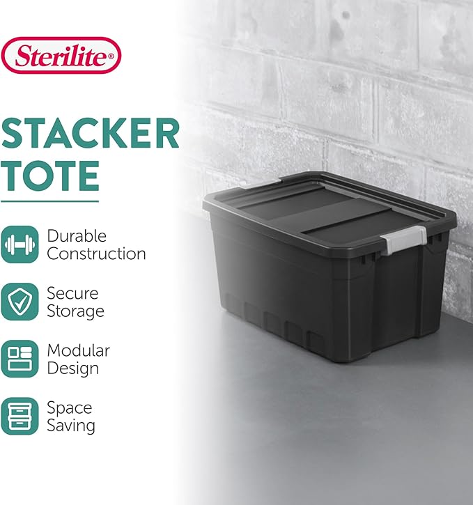 Sterilite 18-Pack Plastic Storage Bins with Lids, Stackable Containers, 19 Gallon, Black