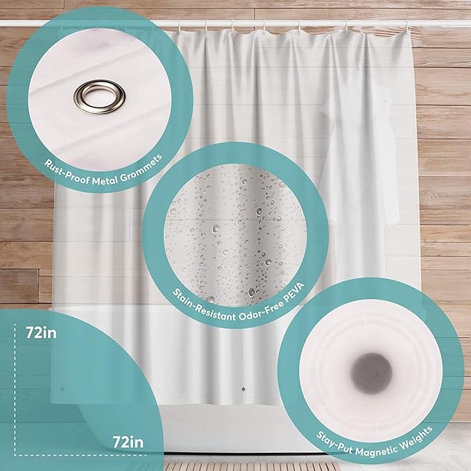 BigFoot Shower Curtain – 72 x 84 PEVA Premium Shower Curtain with Rustproof Metal Grommet and 3 Magnetic Weights – Odor Free and Compatible with Standard Showers, White