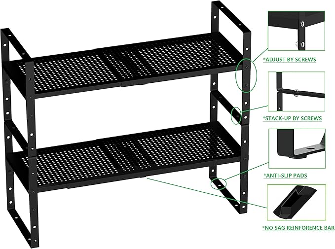 Expandable Shoe Rack Stackable Metal Pantry Storage Shelves Stand Adjustable Height Cabinet Shelf Organizer Racks Spice Shelving(2PACKS/BLACK,LARGE)