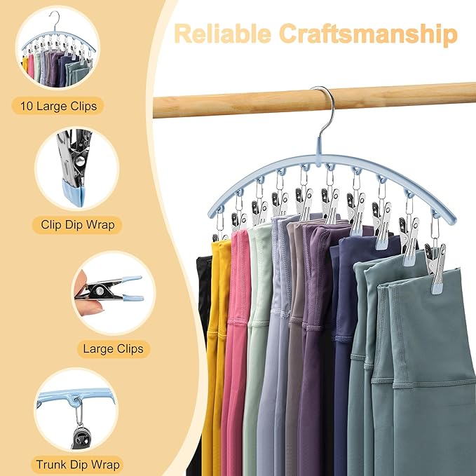 Legging Organizer for Closet, Metal Yoga Pants Hanger w/Rubber Coated 4 Pack w/10 Clips Hold 40 Leggings, Hangers Space Saving Hanging for Closet Organizers and Storage, Blue